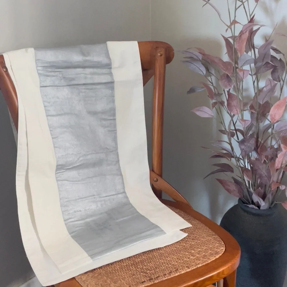West Elm painted silver white table runner 14 x 90 cotton